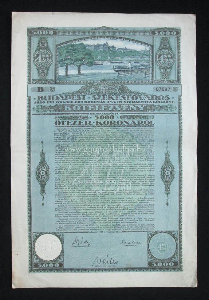 Budapest Székesfõváros kötelezvény 5000 korona 1920